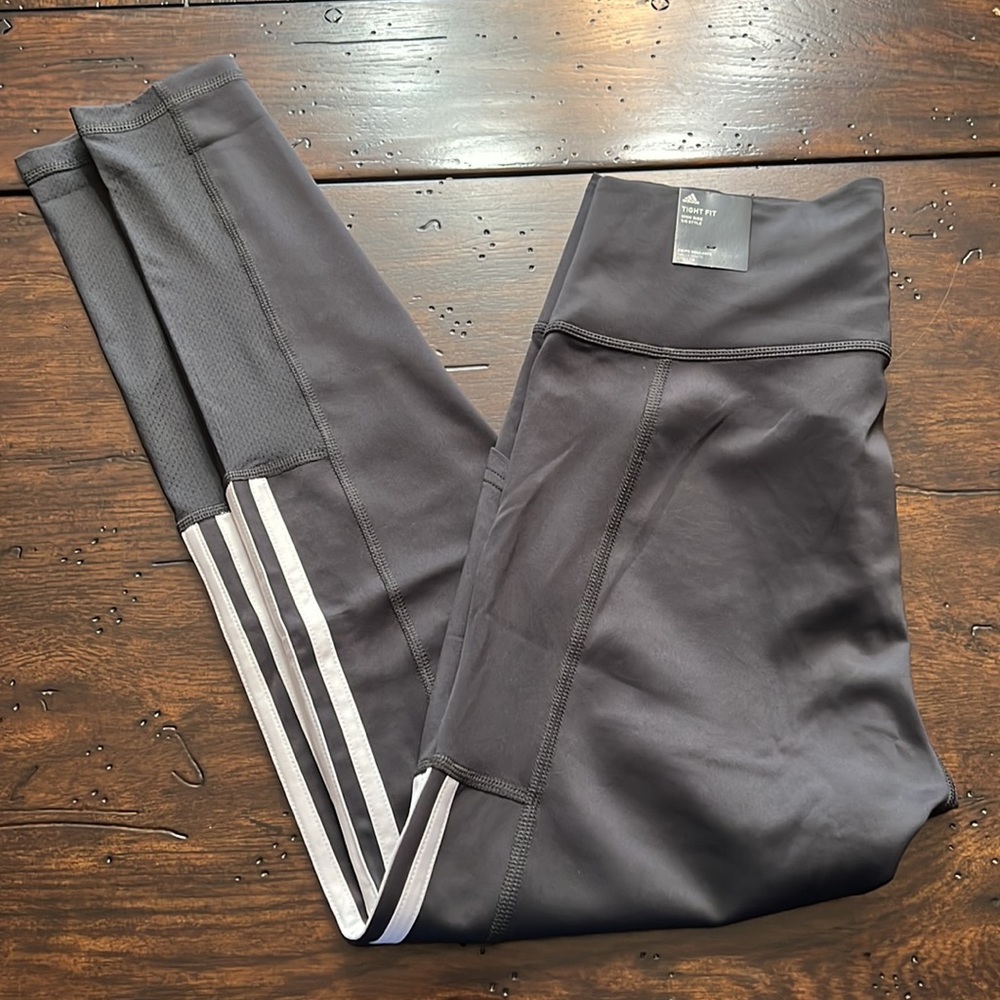 ADIDAS Ladies' 3-Stripe w/Mesh NWT leggings Carbon Sz Med Tight Fit 7/8 Style - Picture 8 of 15